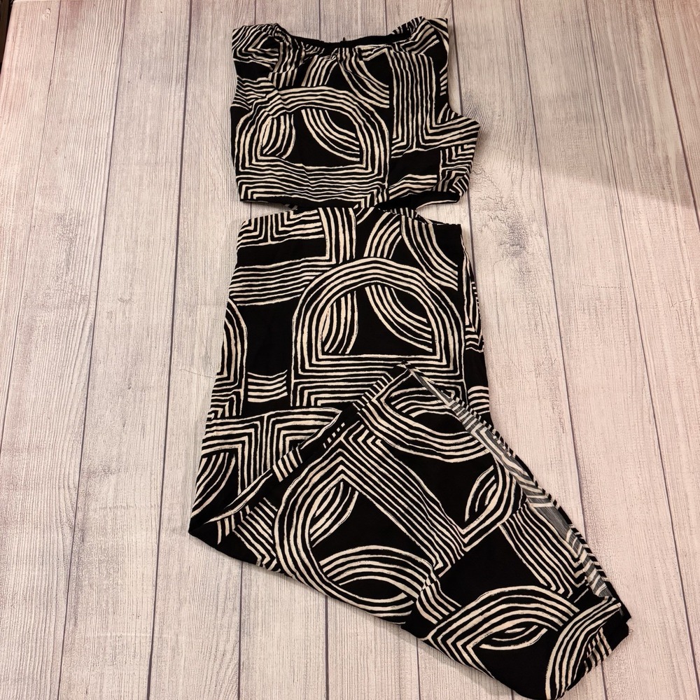 MNG Mango Cut Out Midi Dress Womens 6 Black White Geometric Sleeveless Earthy - Picture 2 of 12